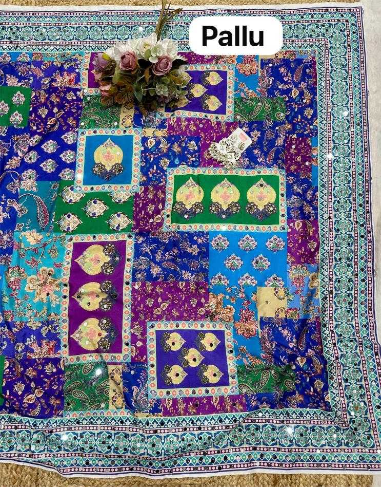 Designer Chinon Silk Mirror Work Saree | Navratri Special Printed Silk Saree with Digital Print & Blouse