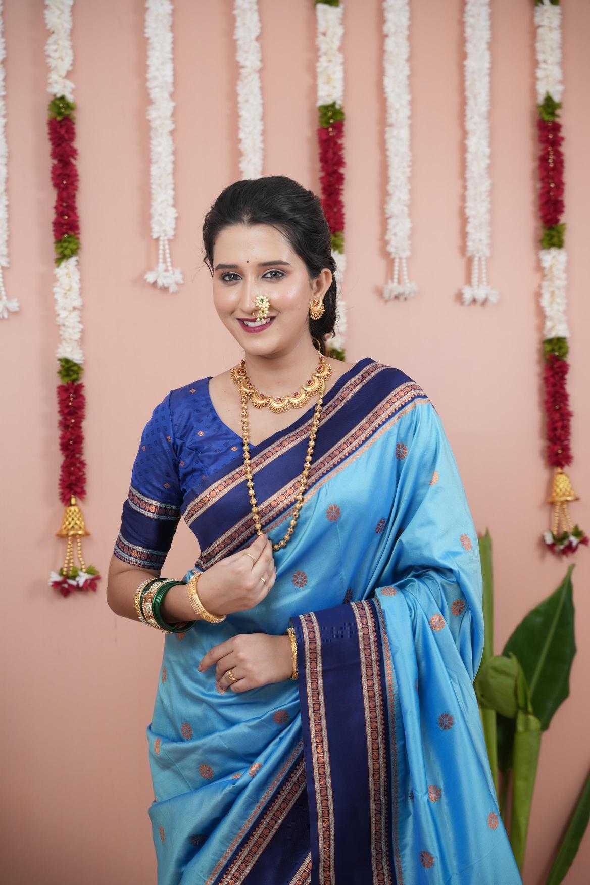 Narayanpet Soft Silk Saree with Zari Motifs & Contrast Pallu – Narayan Border & Contrast Blouse [Sky Blue] - House of ViDi