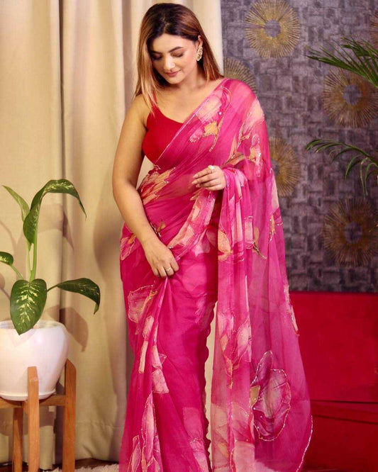 Pink Organza Fancy Saree with Floral Print & Katdana Handwork