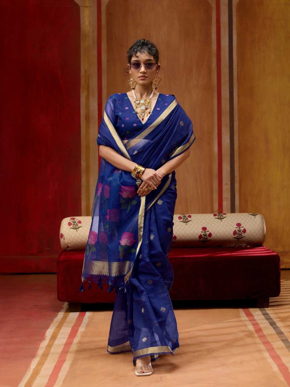 Blue Handloom Silk Saree with Organza Pallu & Woven Design - House of ViDi