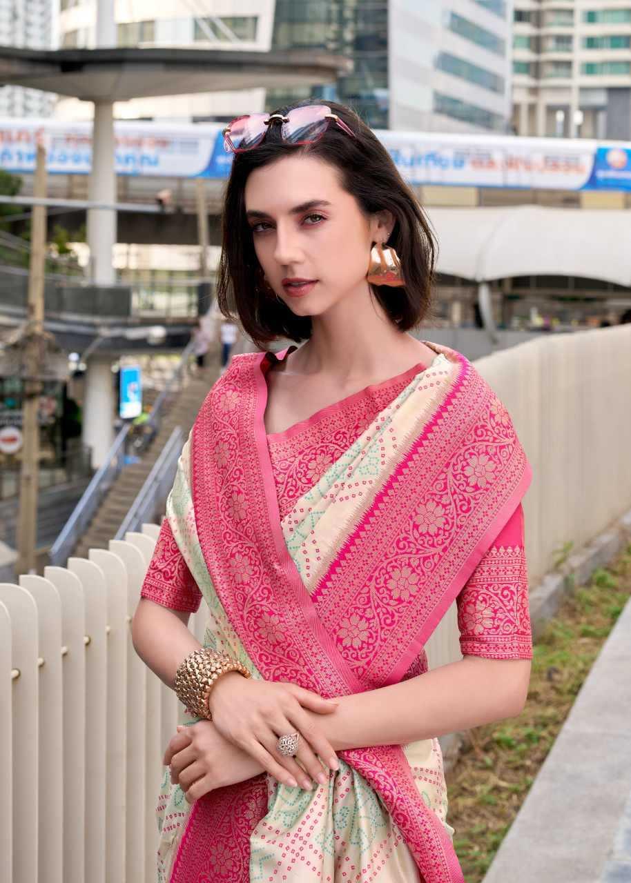 Cream Soft Silk Saree with Bandhani Weaving & Traditional Border | Designer Fancy Saree - House of ViDi