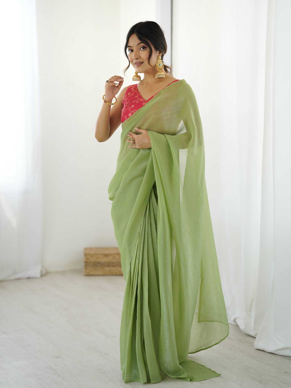 Pista Green Sparkle Silk Ready-to-Wear Saree with Banarasi Blouse | House of ViDi
