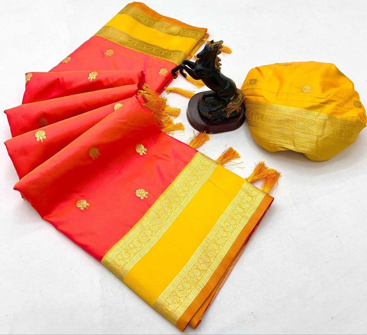 Orange Premium Soft Silk Kanjeevaram Saree with Dual Zari Butta, Rich Woven Pallu & Designer Silk Blouse - House of ViDi