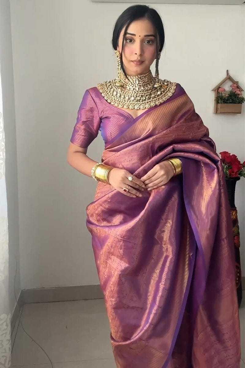 Taniya Mittal Inspired Kanjivaram Silk Saree [Purple] - House of ViDi