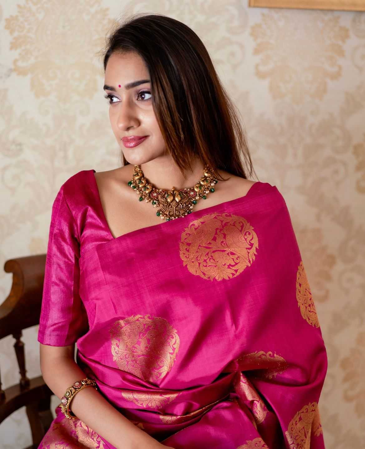 Mesmerizing Dark Pink Banarasi Soft Silk Saree with Matching Jacquard Blouse – Wedding & Festive Wear - House of ViDi