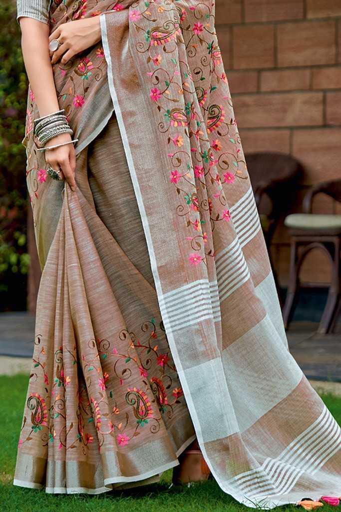 Purple Linen Saree with Kashmiri Embroidery & Matching Blouse | Designer Party Wear Saree - House of ViDi