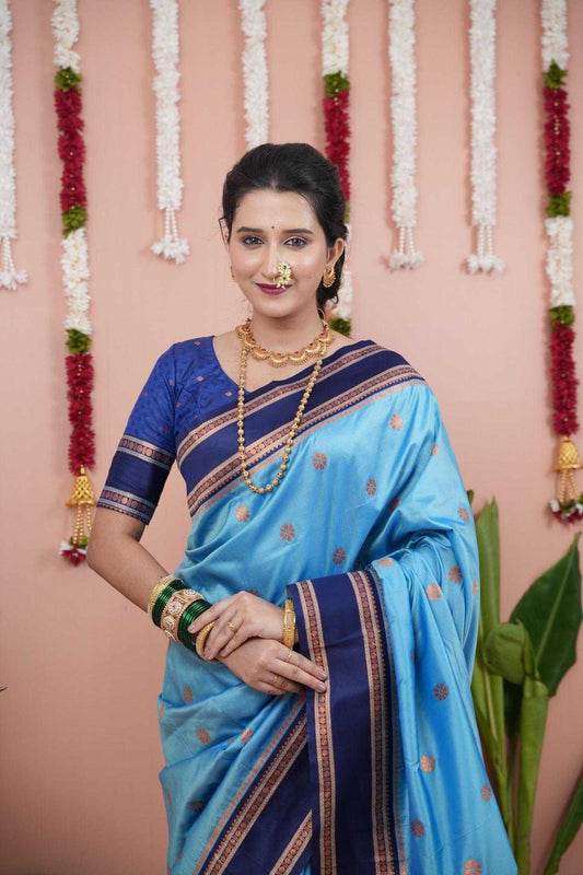 Narayanpet Soft Silk Saree with Zari Motifs & Contrast Pallu – Narayan Border & Contrast Blouse [Sky Blue] - House of ViDi