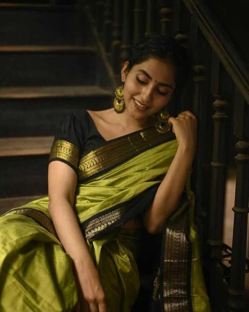 Mehndi Soft Lichi Silk Saree with Rich Pallu & All-Over Jacquard Weaving | Designer Traditional Silk Saree - House of ViDi
