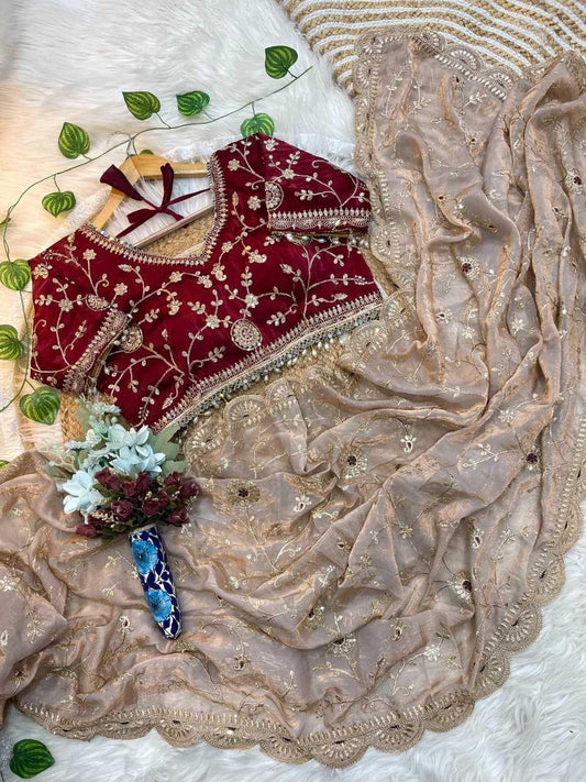 Ivory Fendy Satin Saree with Sequin Embroidery & Blouse - House of ViDi