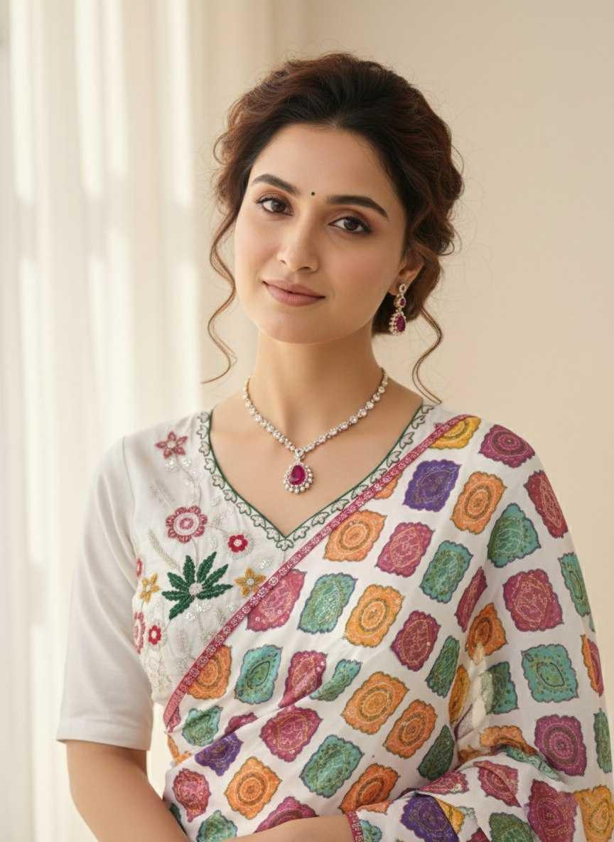 Printed Georgette Saree with Bandhej Print & Beaded Blouse [Off White] - House of ViDi