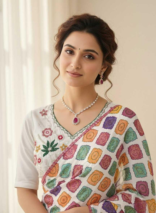 Printed Georgette Saree with Bandhej Print & Beaded Blouse [Off White] - House of ViDi