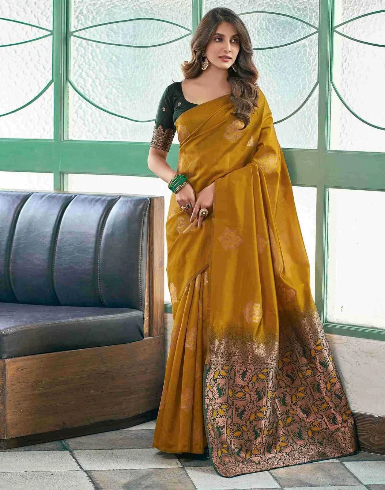 Mustard Yellow Premium Soft Silk Designer Saree with Zari Weaving & Copper-Green Pallu | Festive & Traditional Wear - House of ViDi