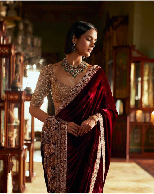 Designer Velvet & Net Saree with Sequins, Thread & Dori Work – Maroon & Nude Contrast