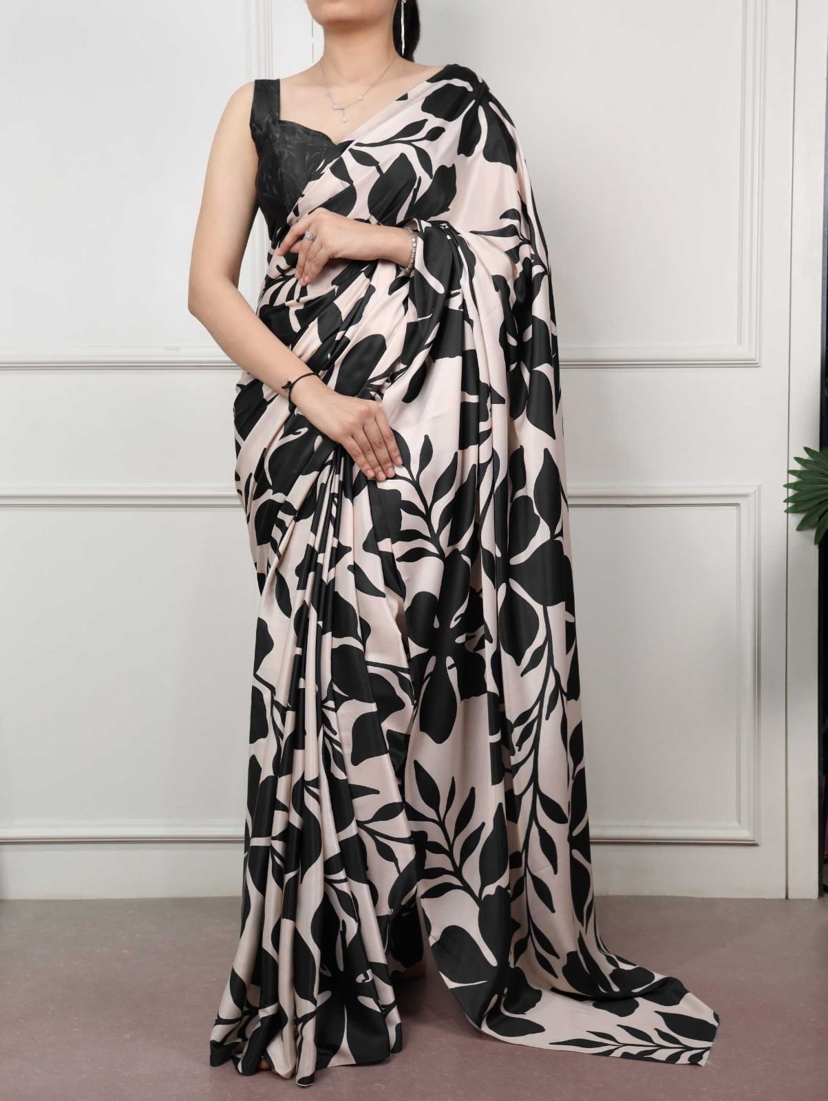 Black Satin Silk Printed Saree with Designer Blouse - House of ViDi