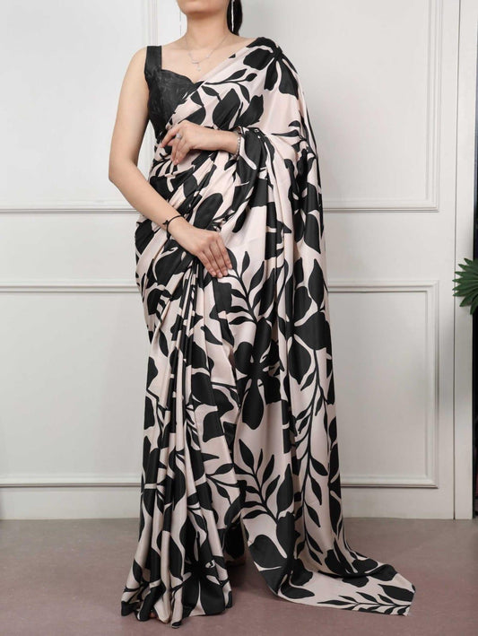 Black Satin Silk Printed Saree with Designer Blouse - House of ViDi