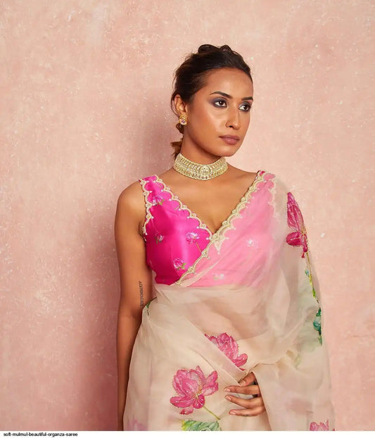 Soft Mulmul Organza Silk Saree with Hand-Embroidered Lotus Motifs & Scallop Border – Designer Elegance with Silk Blouse - House of ViDi