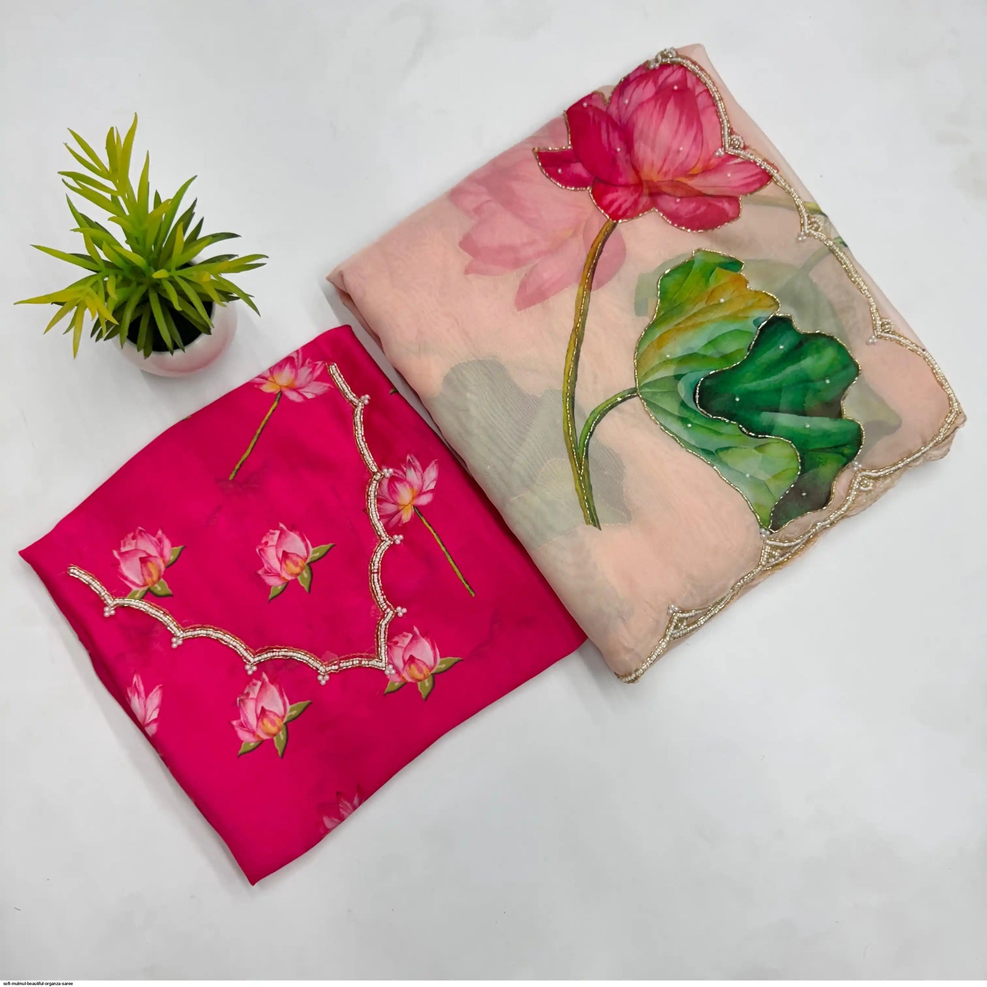 Soft Mulmul Organza Silk Saree with Hand-Embroidered Lotus Motifs & Scallop Border – Designer Elegance with Silk Blouse - House of ViDi