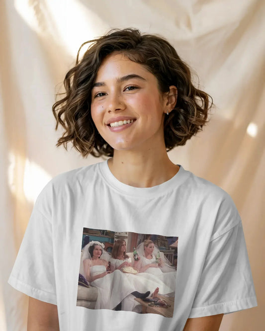 Oversized Classic White T-Shirt | Friends TV Show Bridal Scene Print - House of ViDi