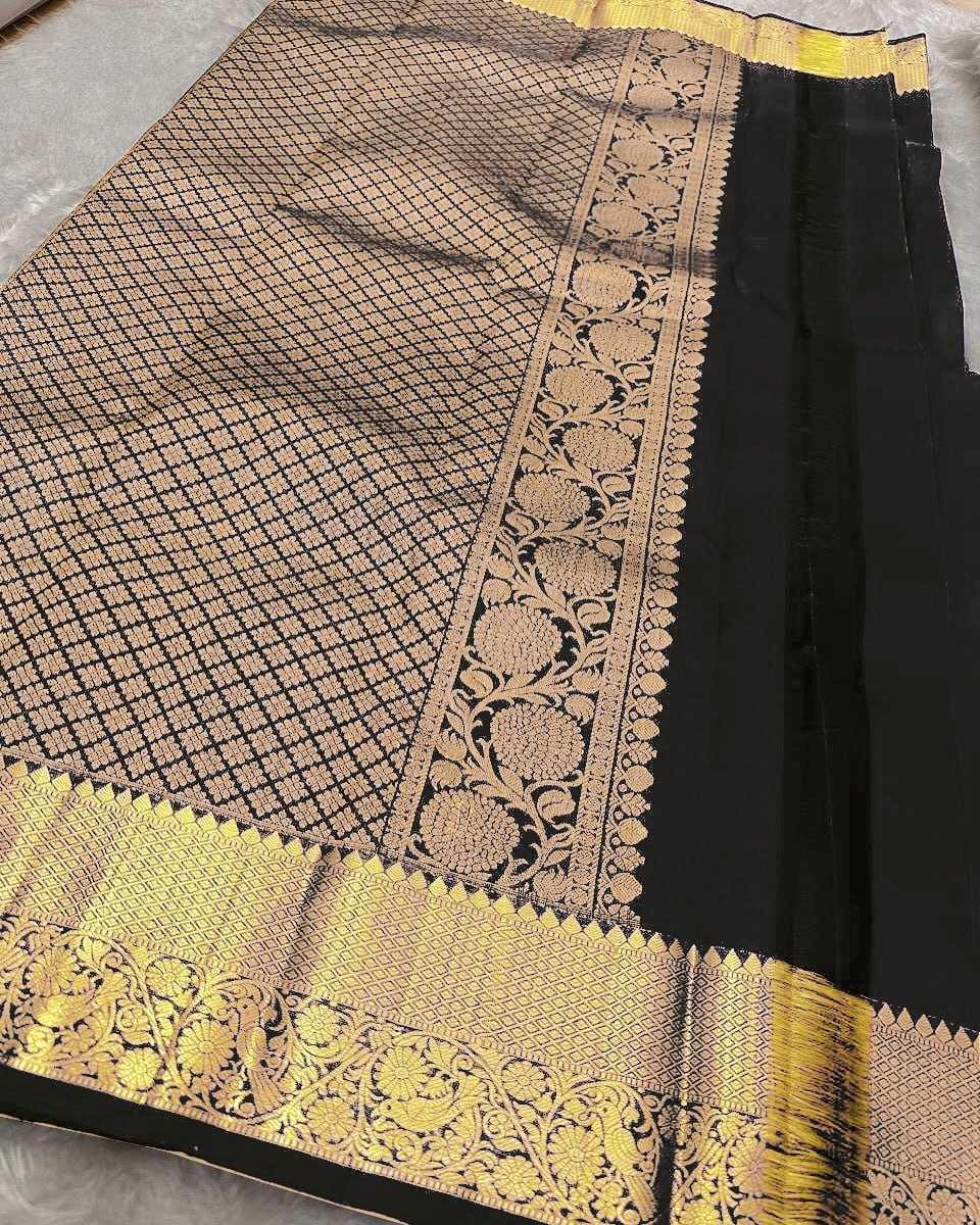 Black Elegant Banarasi Soft Silk Zari Woven Saree with Rich Border & Blouse Piece - House of ViDi