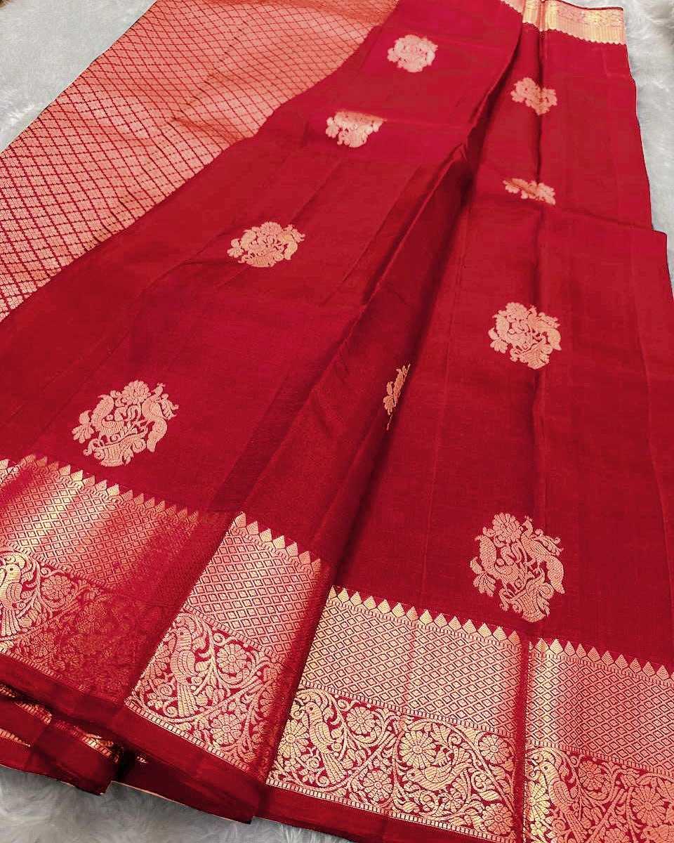 Red Elegant Banarasi Soft Silk Zari Woven Saree with Rich Border & Blouse Piece - House of ViDi