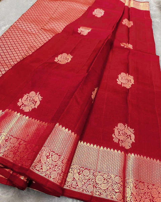 Red Elegant Banarasi Soft Silk Zari Woven Saree with Rich Border & Blouse Piece - House of ViDi