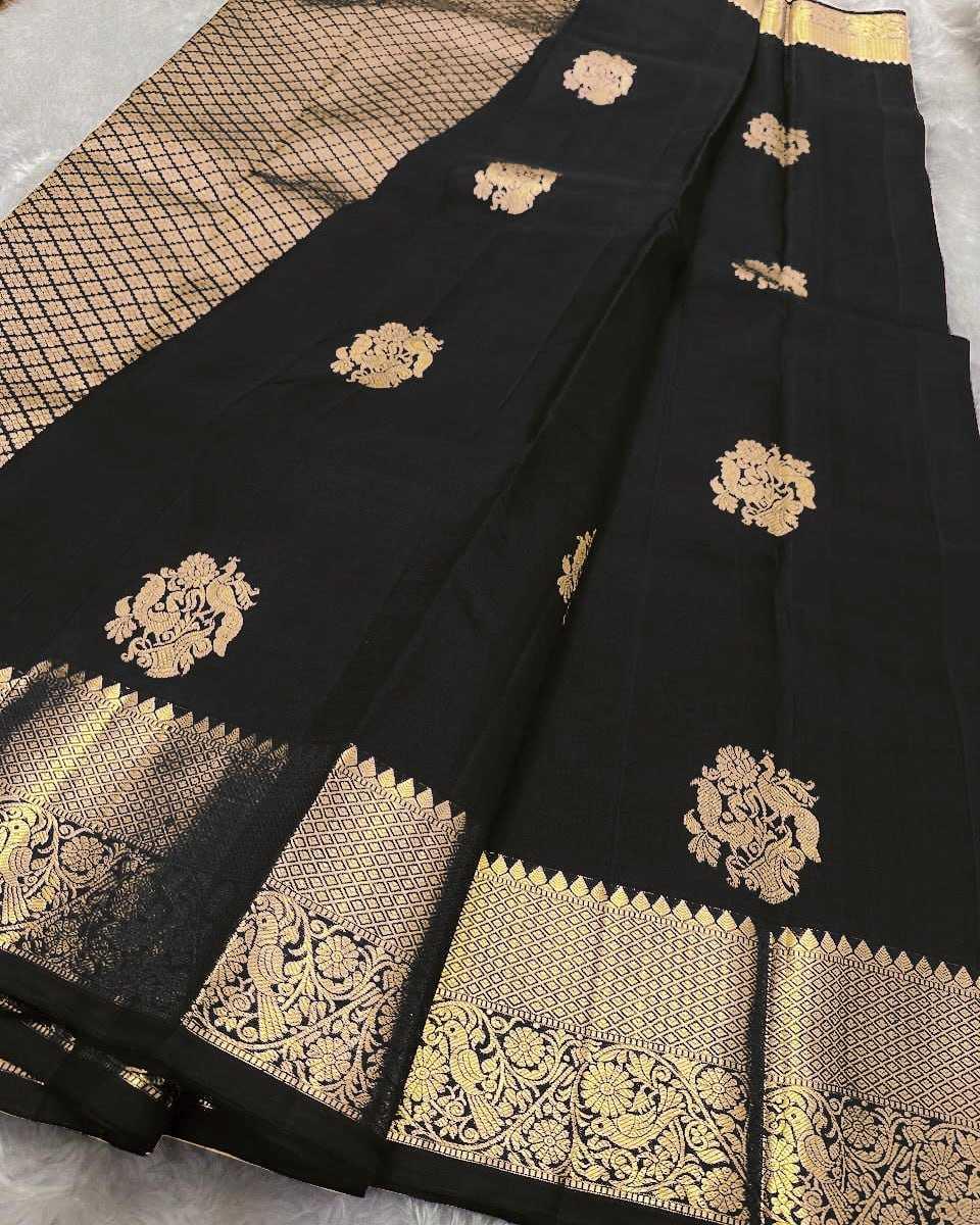 Black Elegant Banarasi Soft Silk Zari Woven Saree with Rich Border & Blouse Piece - House of ViDi