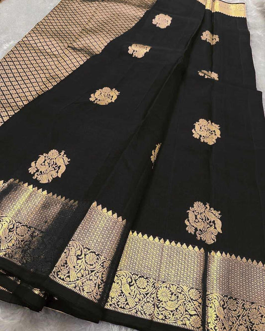 Black Elegant Banarasi Soft Silk Zari Woven Saree with Rich Border & Blouse Piece - House of ViDi