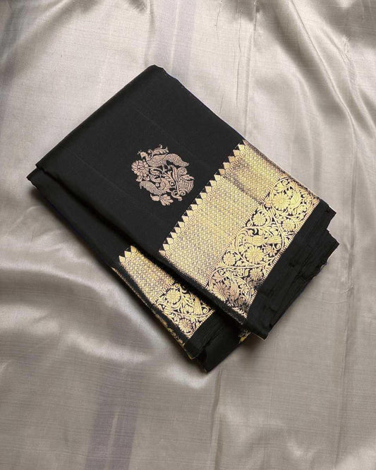 Black Elegant Banarasi Soft Silk Zari Woven Saree with Rich Border & Blouse Piece - House of ViDi