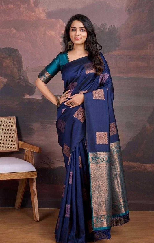 Navy Blue Banarasi Soft Silk Saree with Copper Zari - House of ViDi