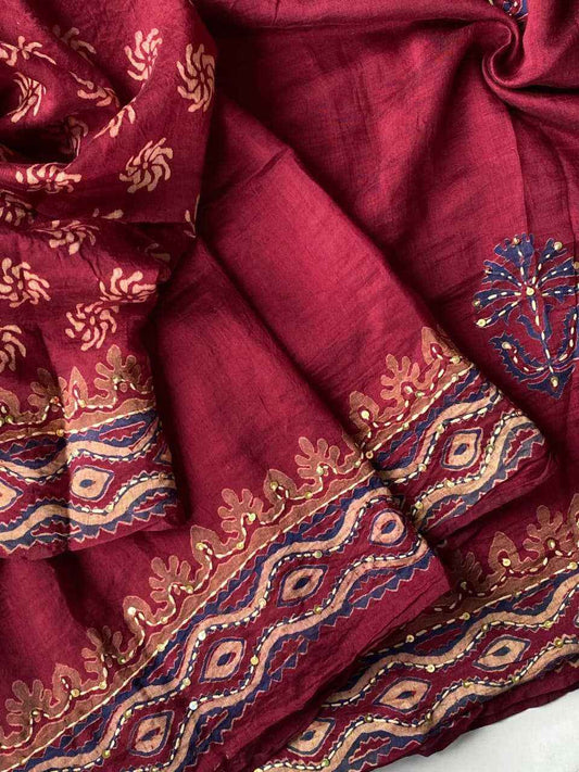 Red Chanderi Cotton Ajrakh Hand Block Printed Saree