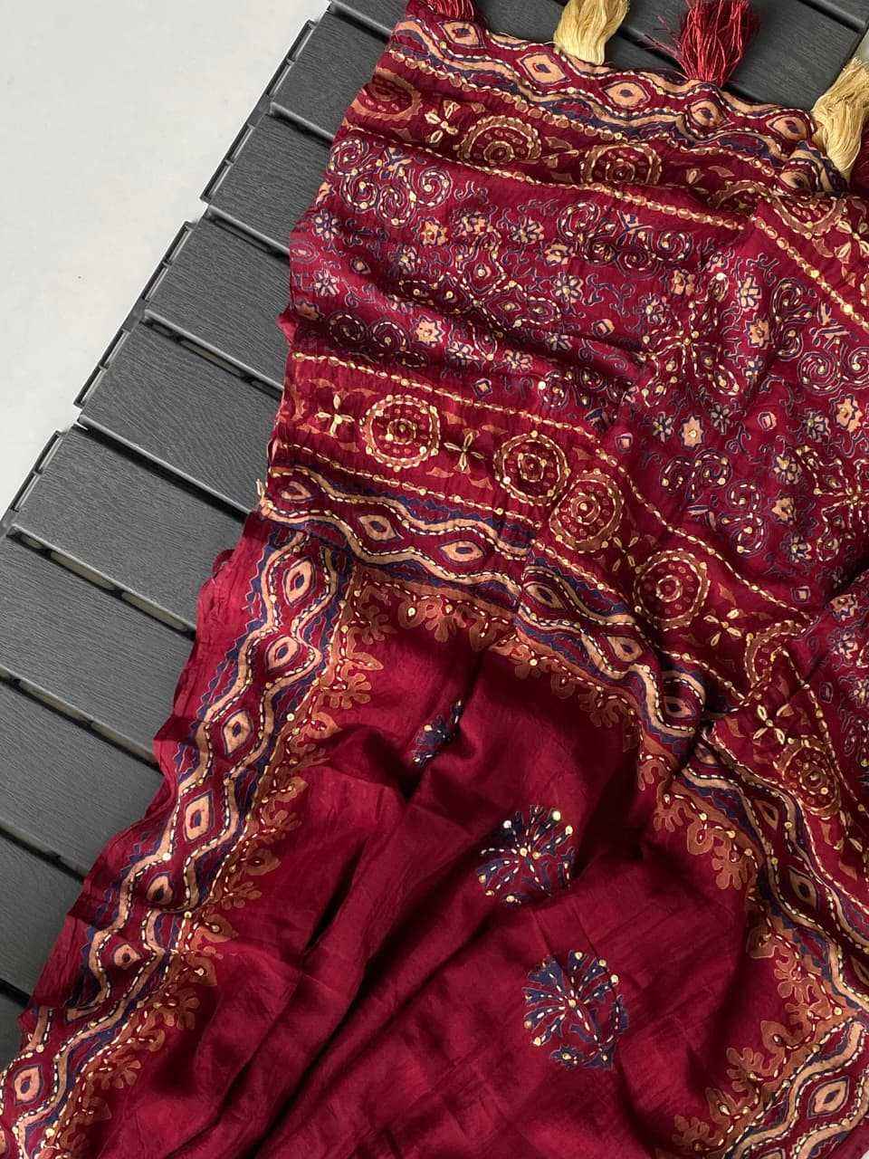 Red Chanderi Cotton Ajrakh Hand Block Printed Saree