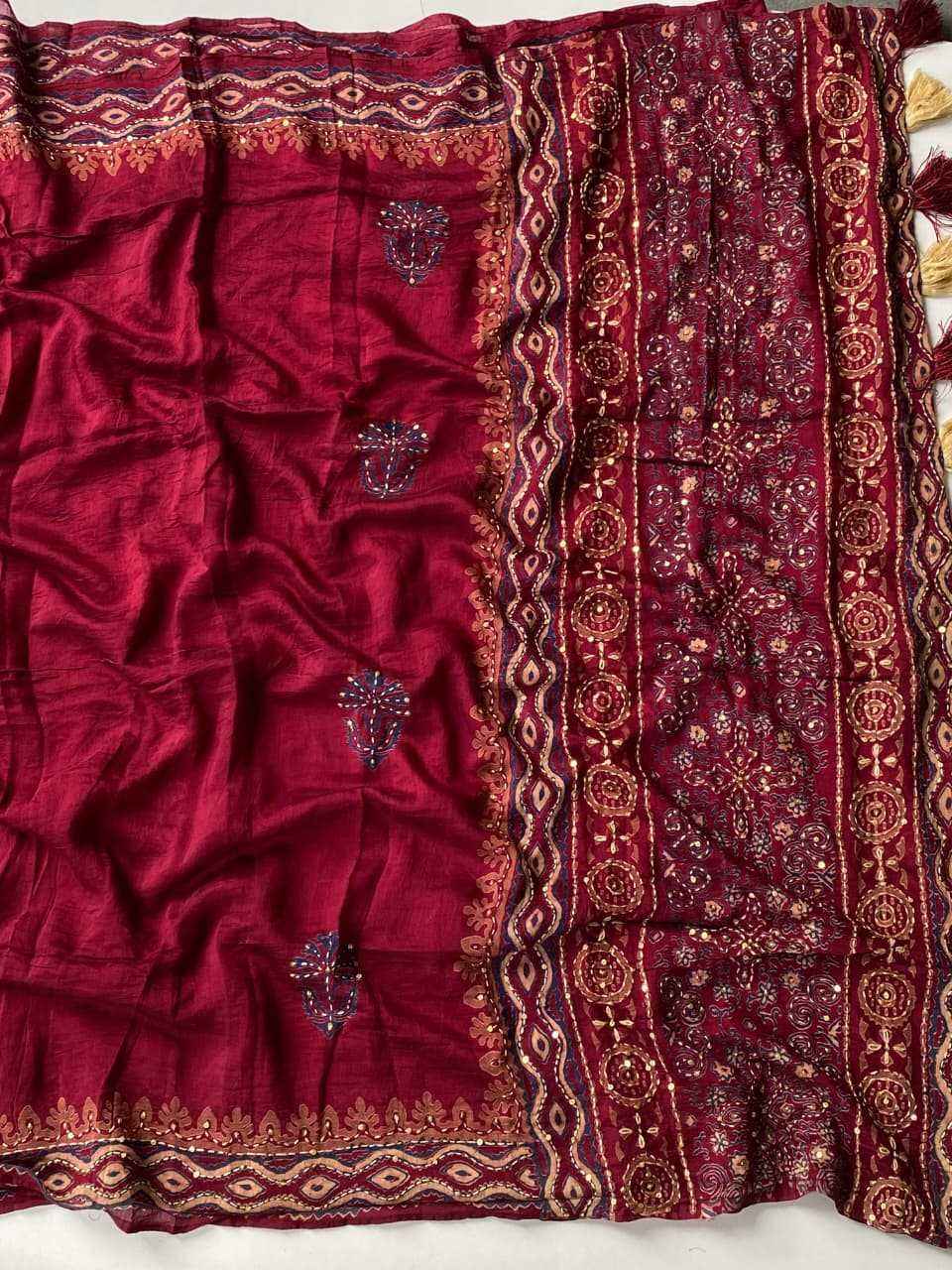 Red Chanderi Cotton Ajrakh Hand Block Printed Saree