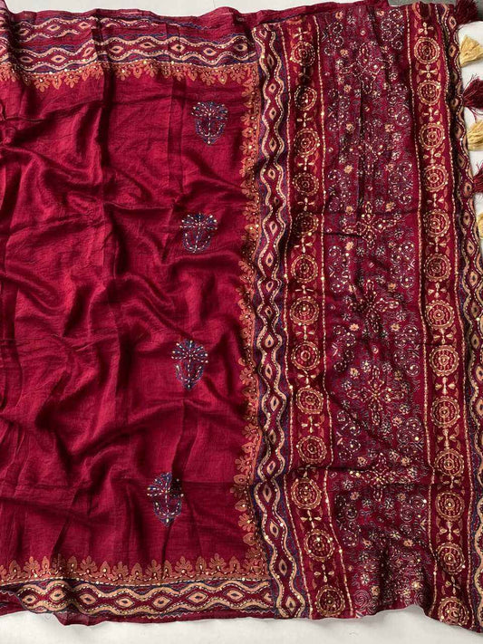 Red Chanderi Cotton Ajrakh Hand Block Printed Saree