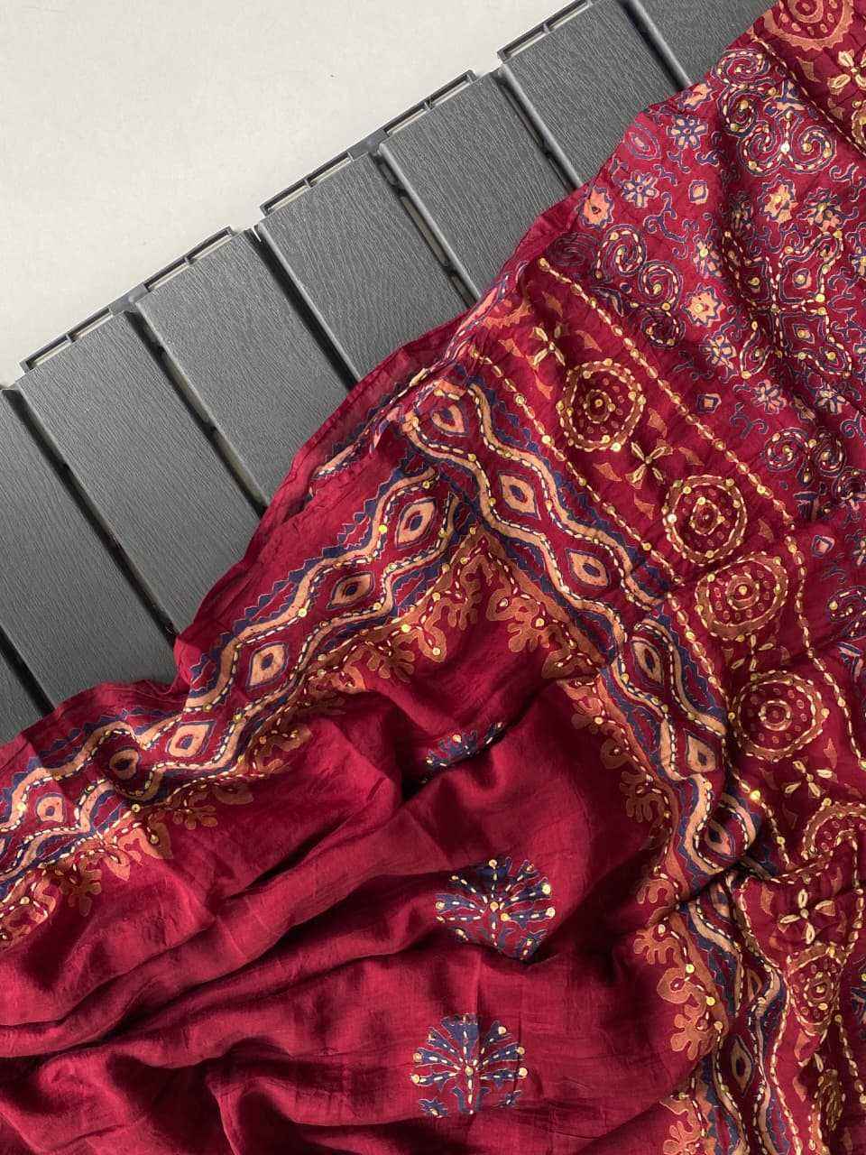 Red Chanderi Cotton Ajrakh Hand Block Printed Saree