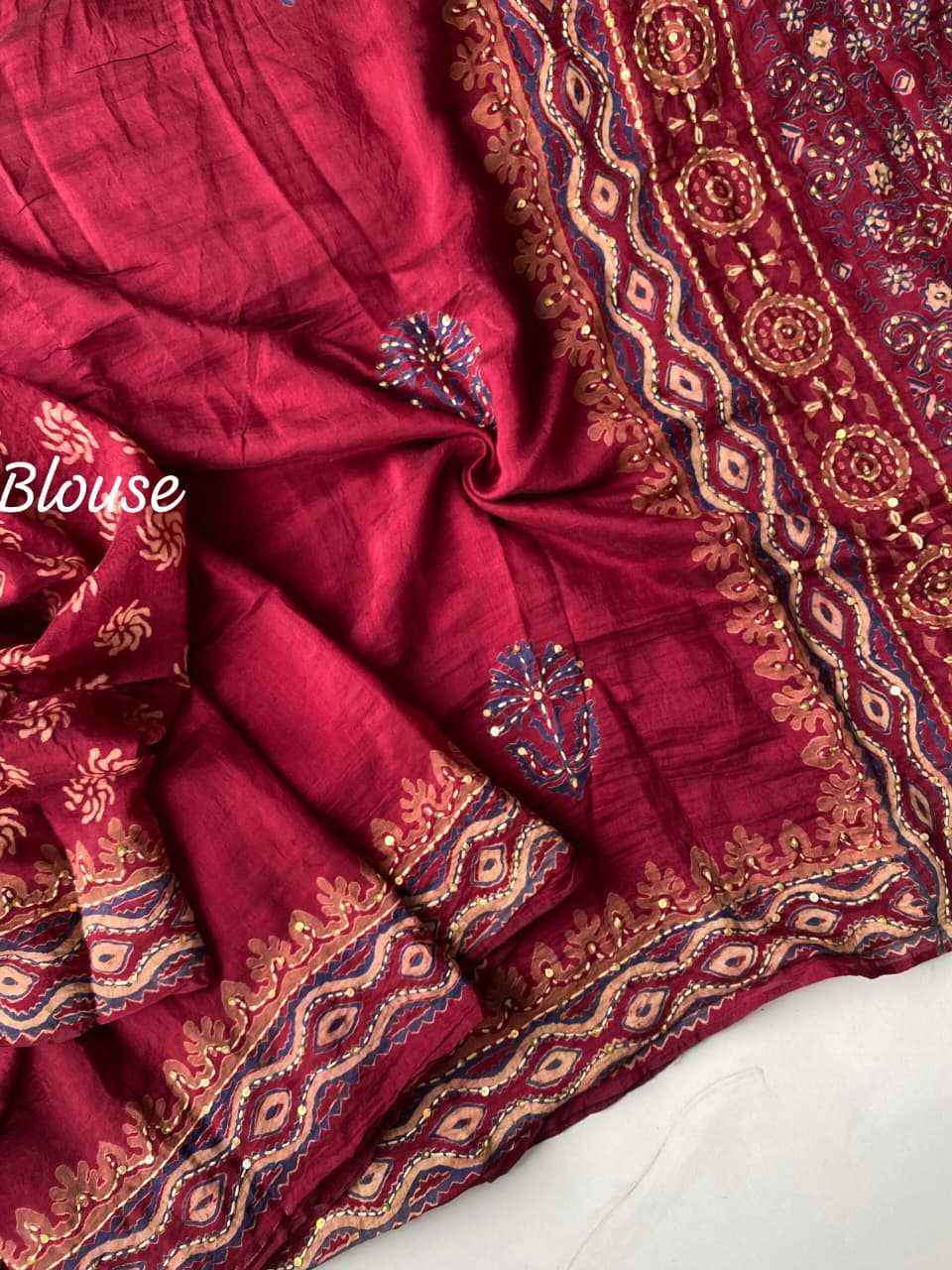Red Chanderi Cotton Ajrakh Hand Block Printed Saree