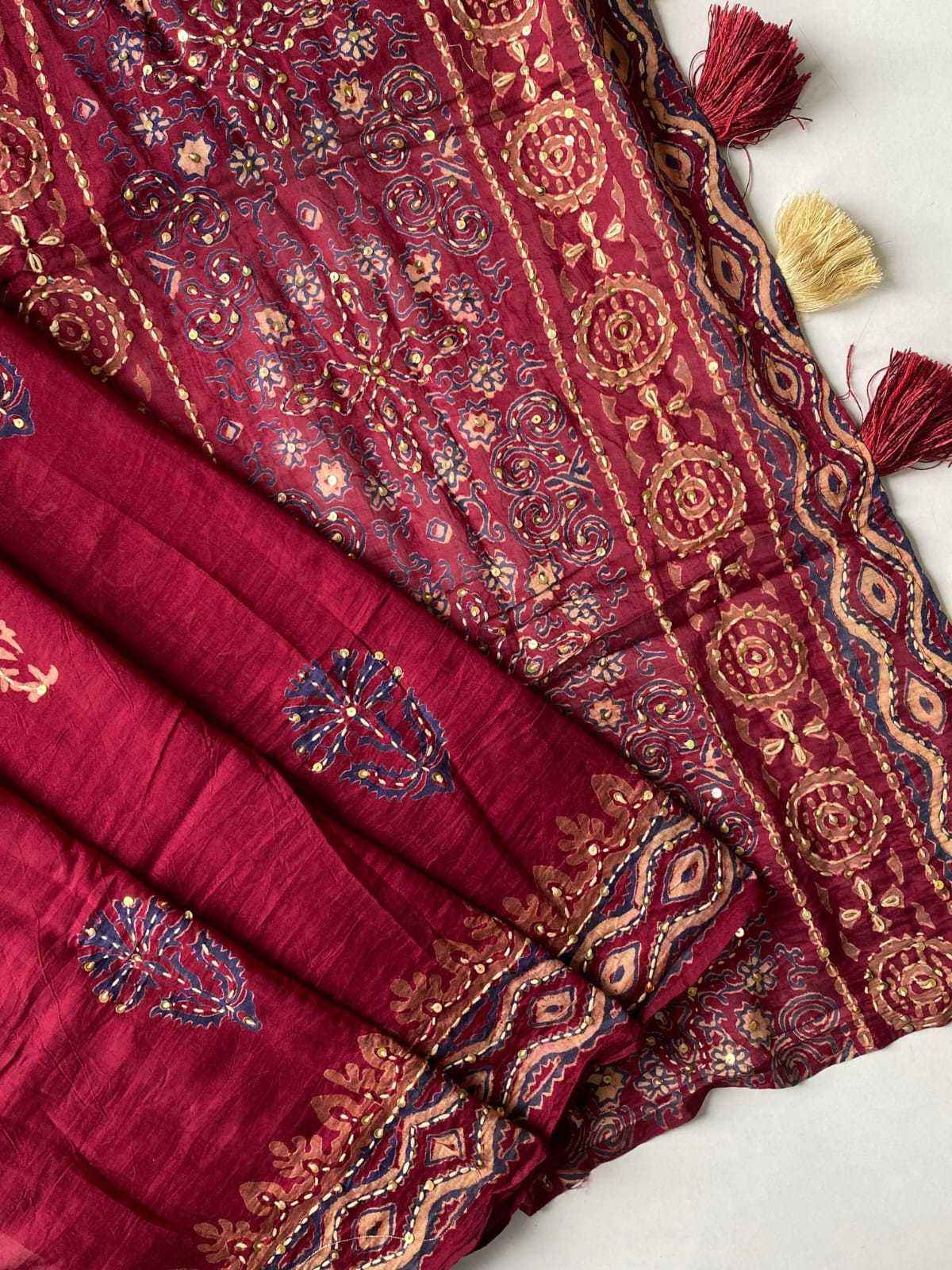 Red Chanderi Cotton Ajrakh Hand Block Printed Saree