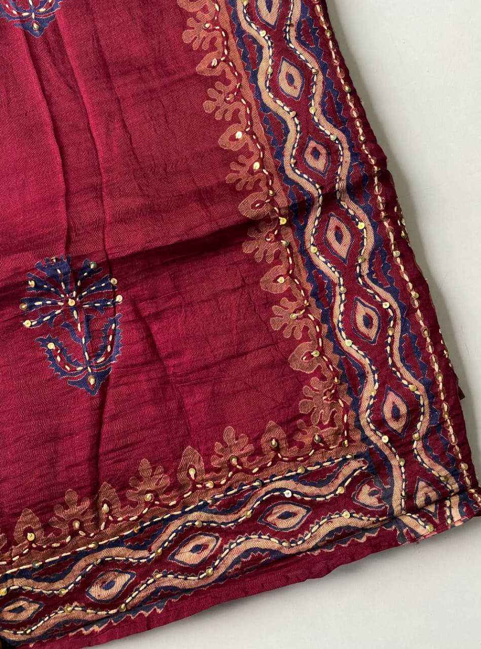 Red Chanderi Cotton Ajrakh Hand Block Printed Saree