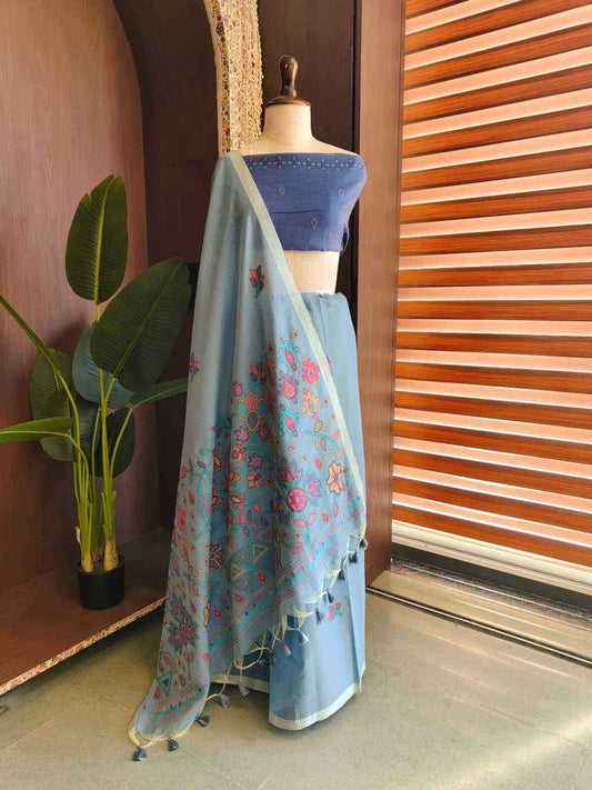 Blue Premium Chanderi Cotton Jamdani Weave Saree with Meena Pallu & Tassels