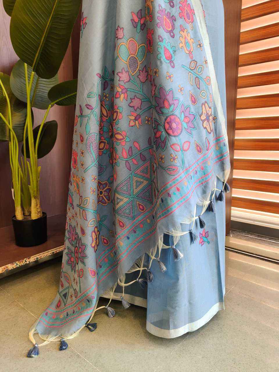 Blue Premium Chanderi Cotton Jamdani Weave Saree with Meena Pallu & Tassels