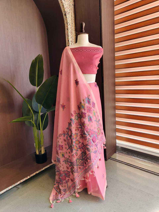 Pink Premium Chanderi Cotton Jamdani Weave Saree with Meena Pallu & Tassels