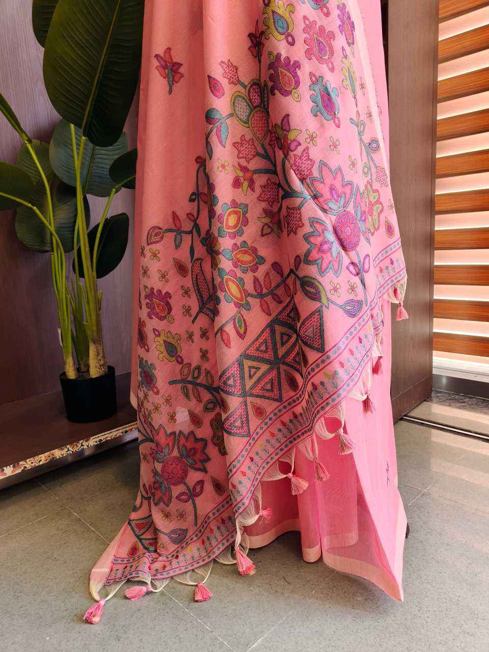 Pink Premium Chanderi Cotton Jamdani Weave Saree with Meena Pallu & Tassels