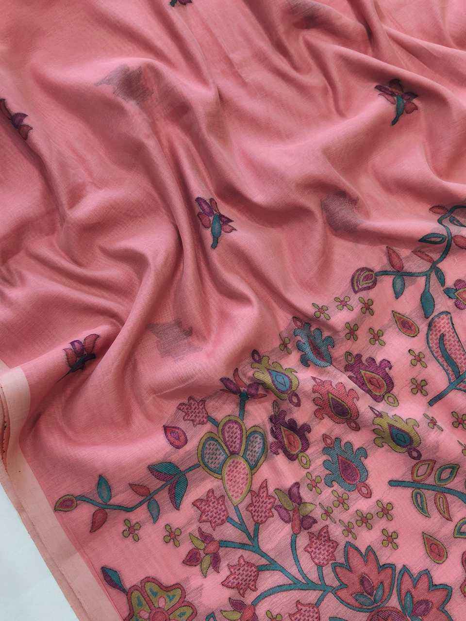 Pink Premium Chanderi Cotton Jamdani Weave Saree with Meena Pallu & Tassels