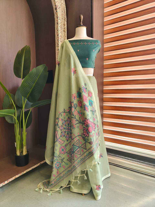 Pista Premium Chanderi Cotton Jamdani Weave Saree with Meena Pallu & Tassels