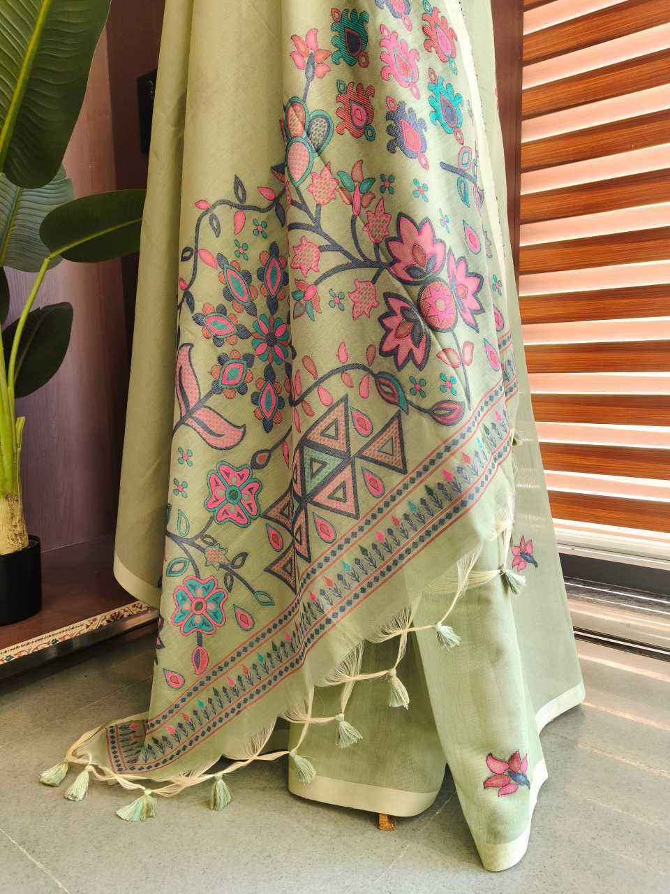 Pista Premium Chanderi Cotton Jamdani Weave Saree with Meena Pallu & Tassels