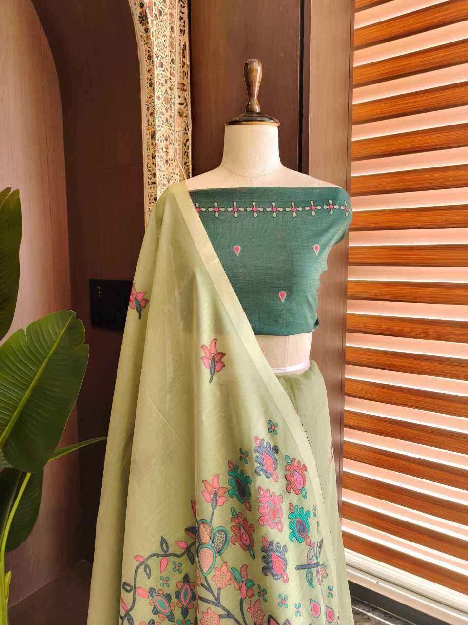 Pista Premium Chanderi Cotton Jamdani Weave Saree with Meena Pallu & Tassels