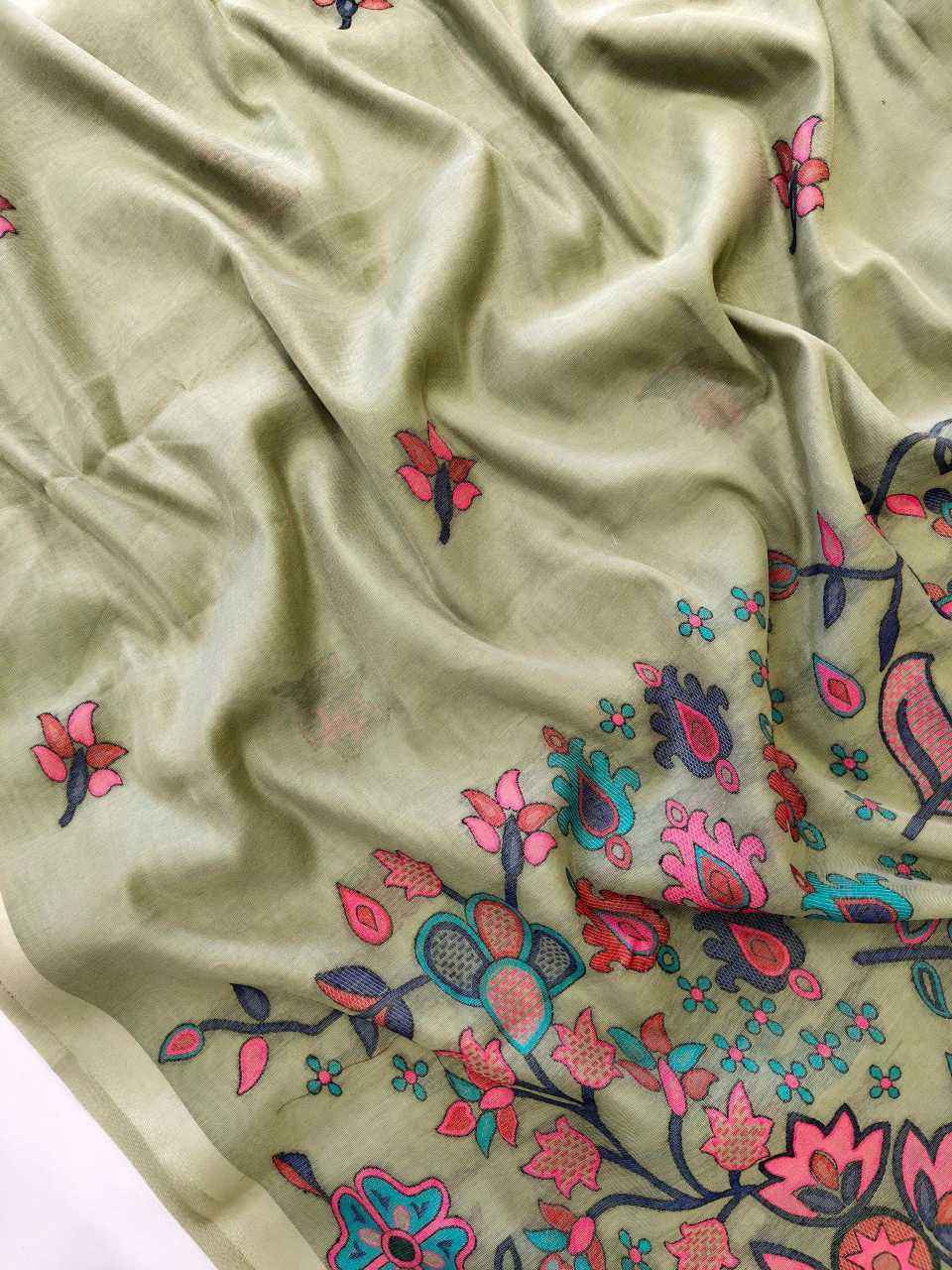 Pista Premium Chanderi Cotton Jamdani Weave Saree with Meena Pallu & Tassels