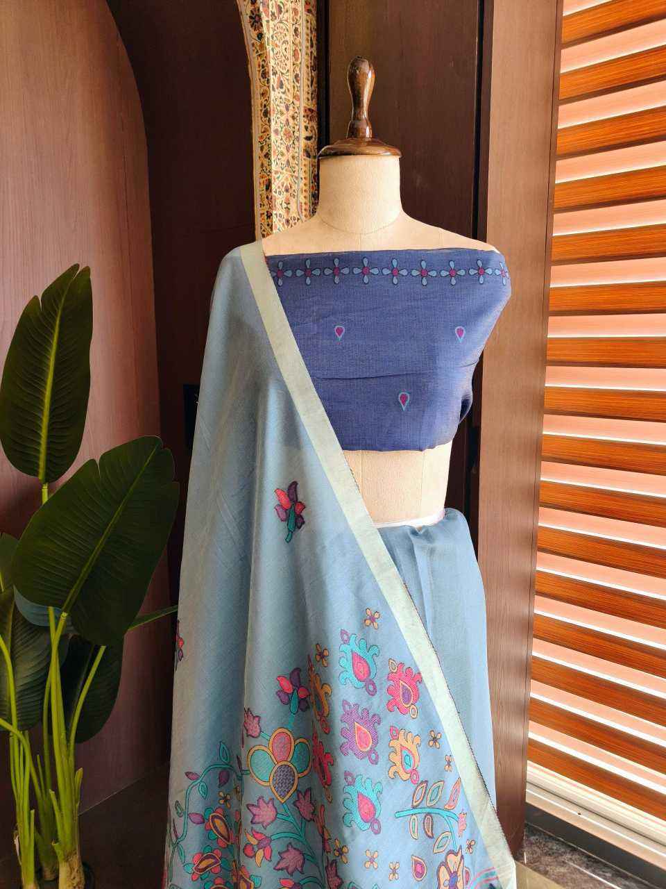 Blue Premium Chanderi Cotton Jamdani Weave Saree with Meena Pallu & Tassels