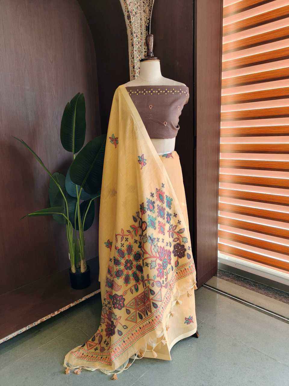 Mustard Premium Chanderi Cotton Jamdani Weave Saree with Meena Pallu & Tassels