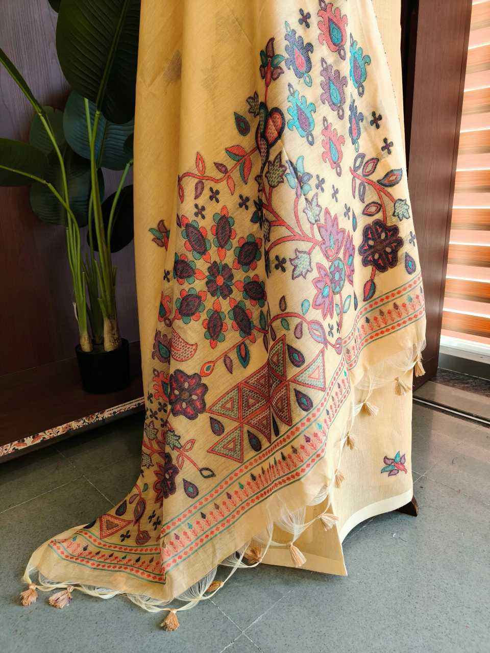 Mustard Premium Chanderi Cotton Jamdani Weave Saree with Meena Pallu & Tassels