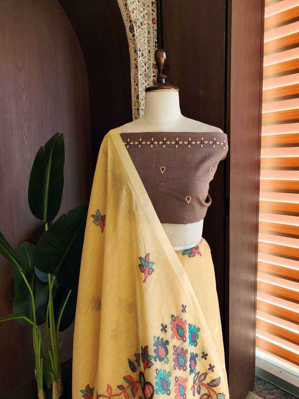 Mustard Premium Chanderi Cotton Jamdani Weave Saree with Meena Pallu & Tassels